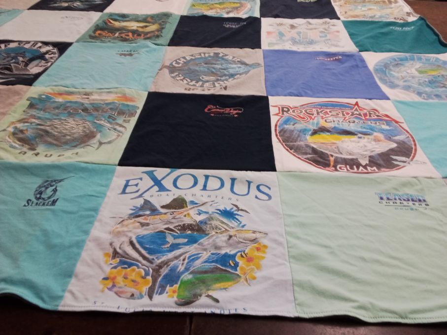 T-shirt quilt with fishing, boating themes by Dianne from DE