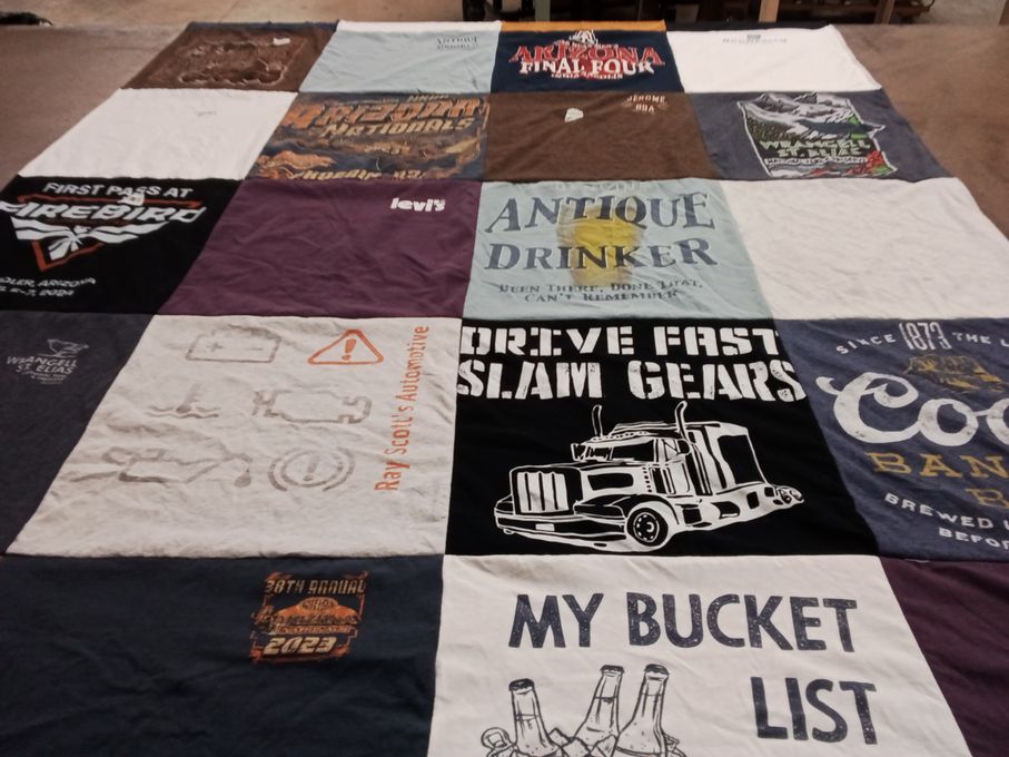 T-shirt quilt with cars, drinking themes by Irene from AZ