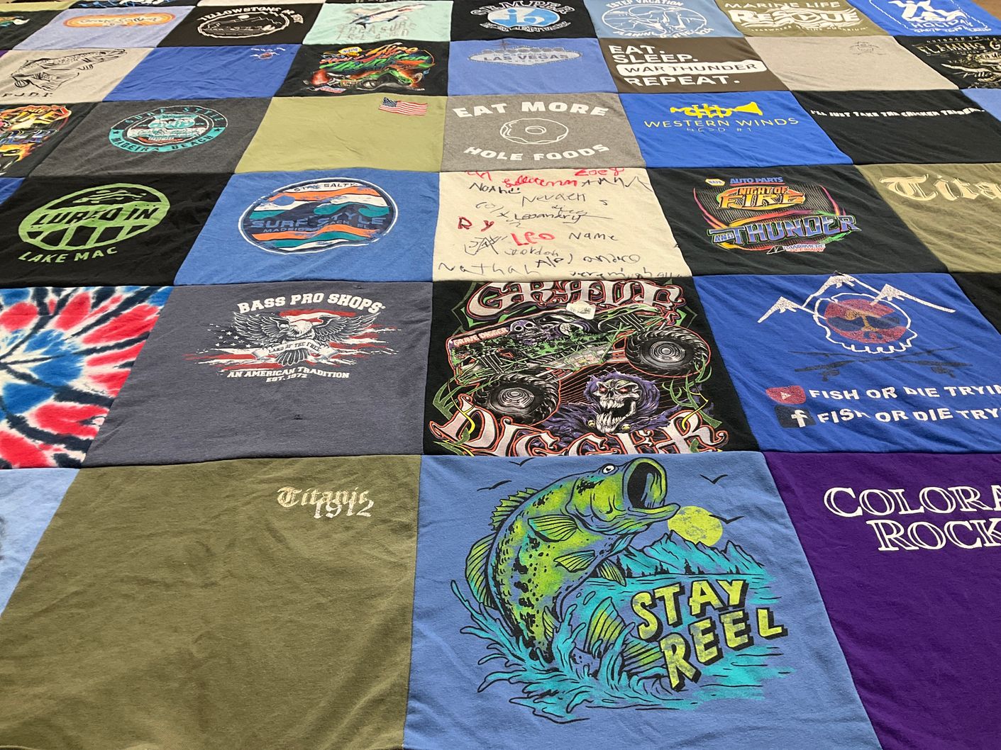 T-shirt quilt with fishing, outdoors themes by Tiffany from WY