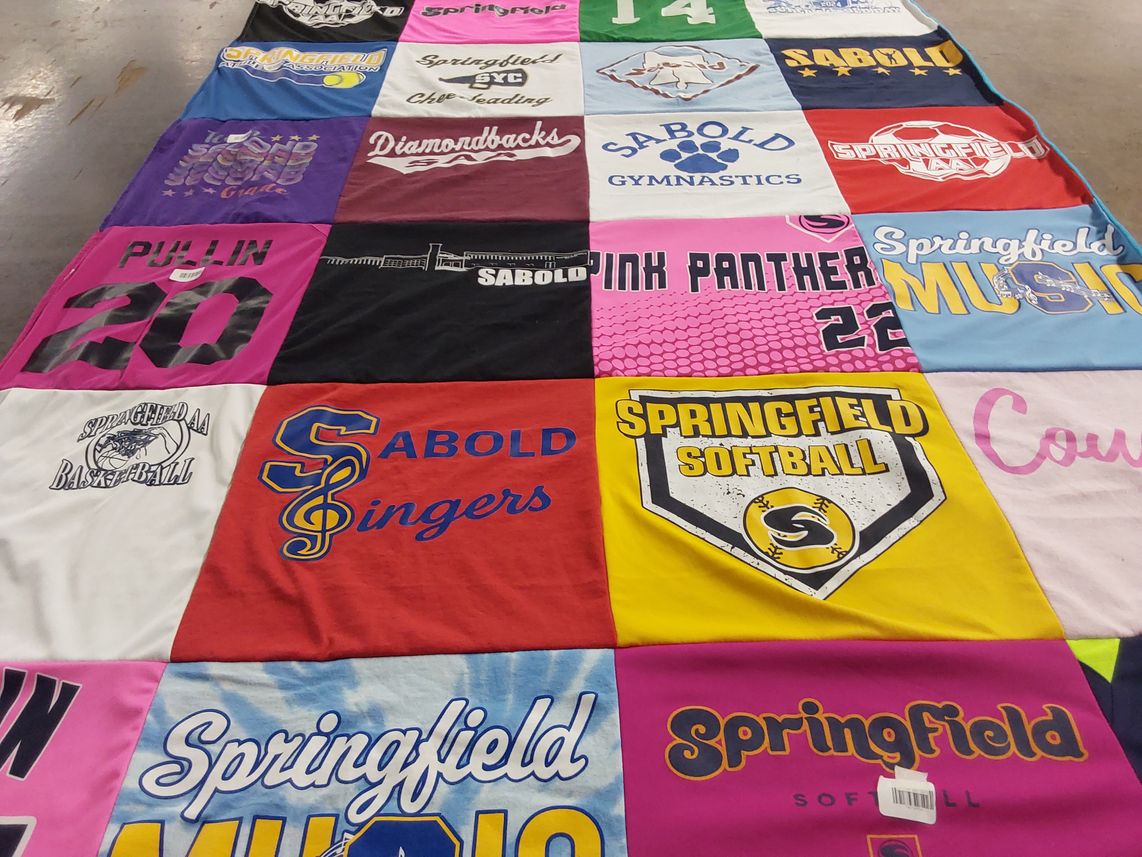 T-shirt quilt featuring springfield softball, sabold gymnastics by Rebecca from PA