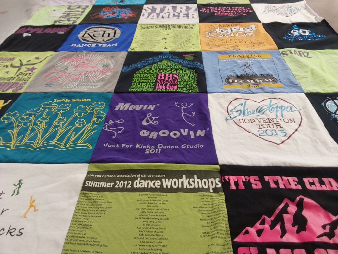 T-shirt quilt with dance, performing arts themes by Brenda from WI