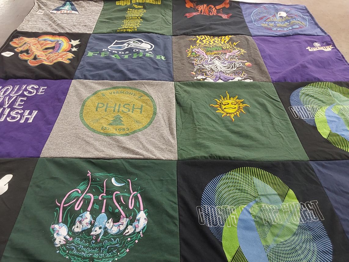 T-shirt quilt with music, concerts themes by Deborah from CA