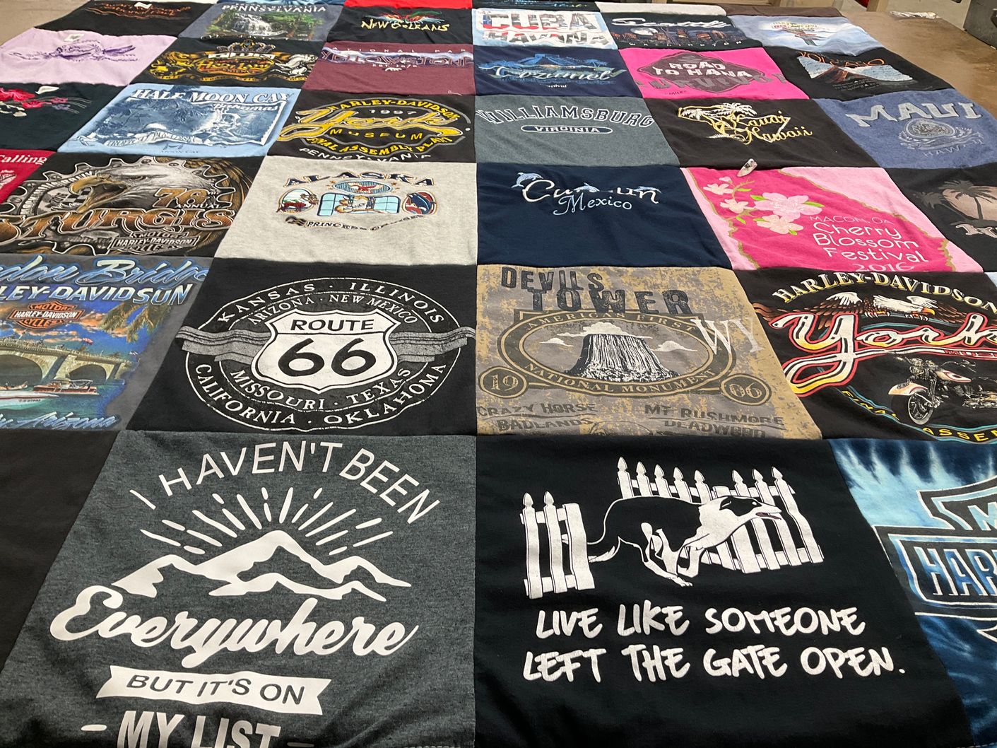 T-shirt quilt with travel, motorcycles themes by Carletta from GA