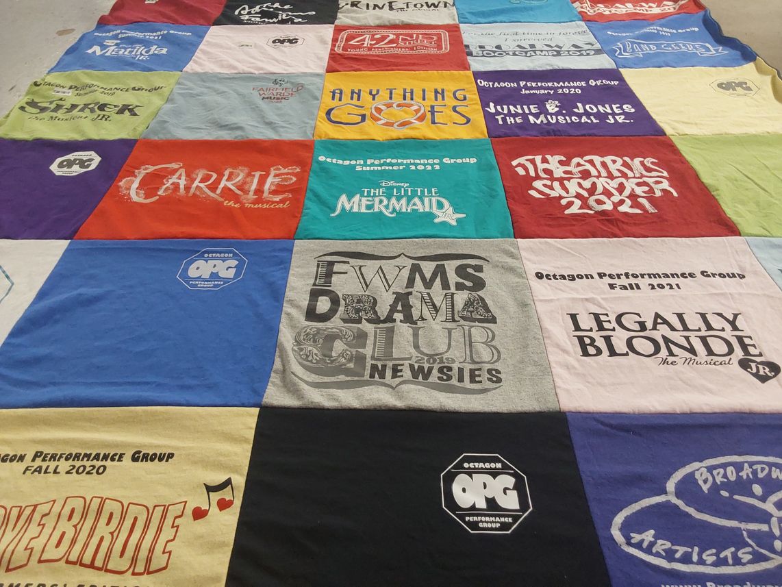 T-shirt quilt with theater, musicals themes by Stacey from CT