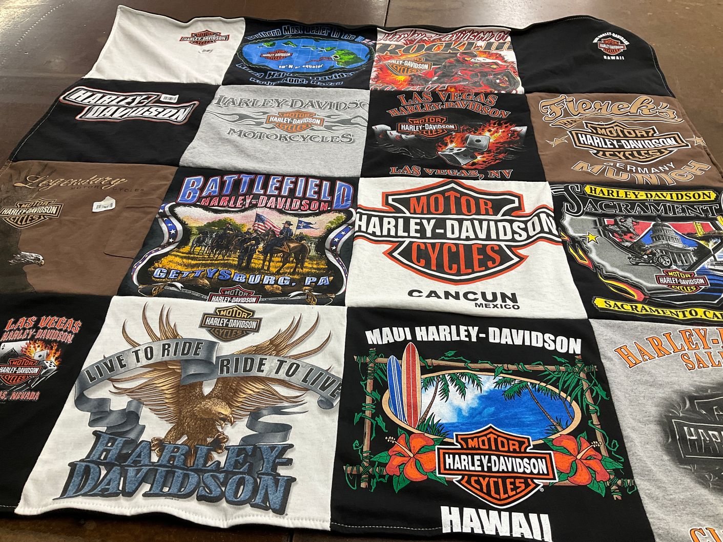 T-shirt quilt with motorcycles, biking themes by Laura from NV