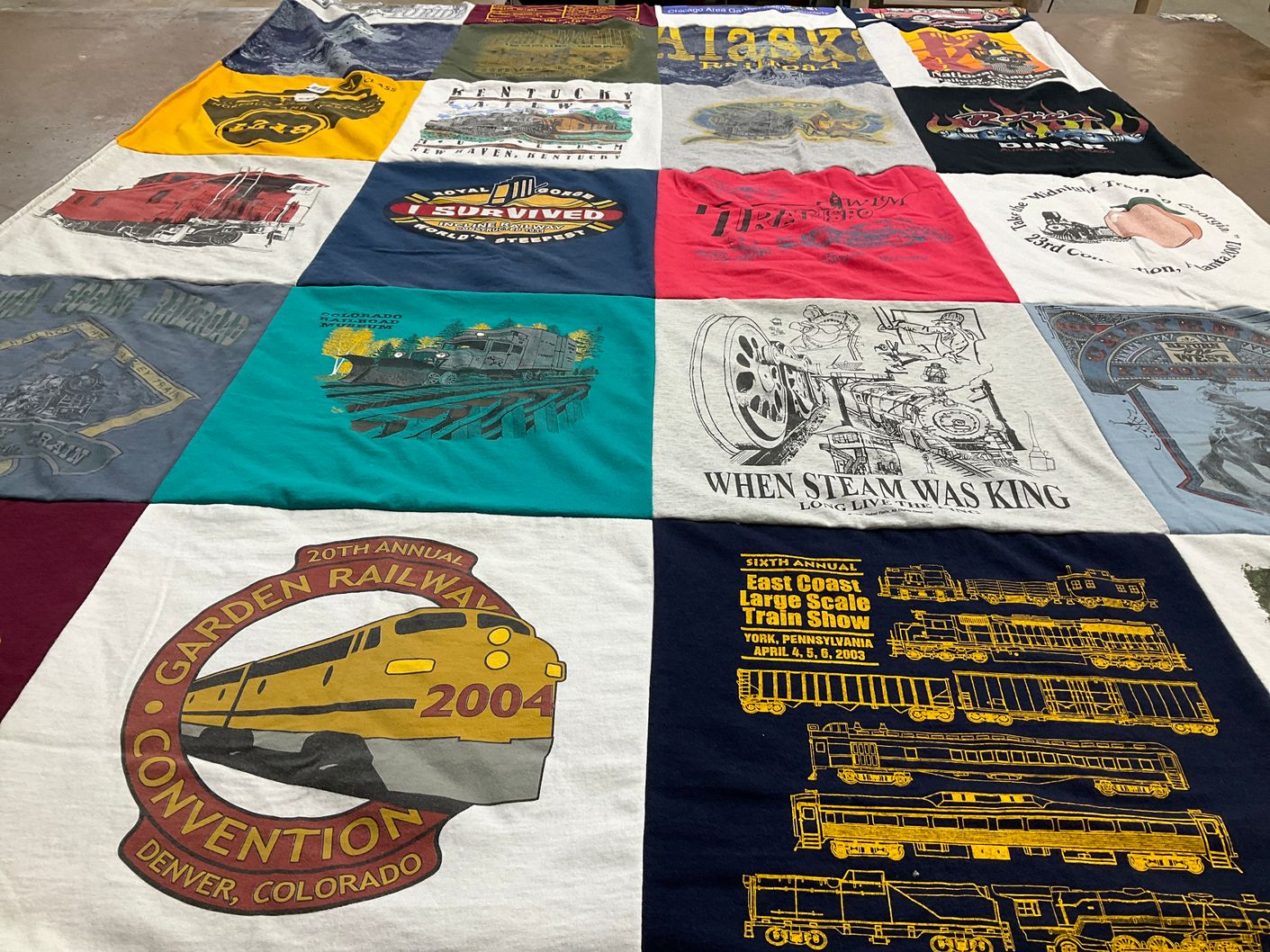 T-shirt quilt with trains, railway themes by David from VA