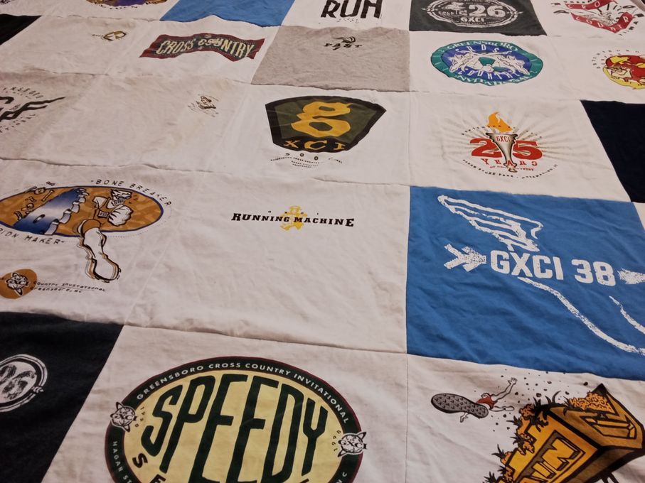 T-shirt quilt with running, cross country themes by Charlie from NC