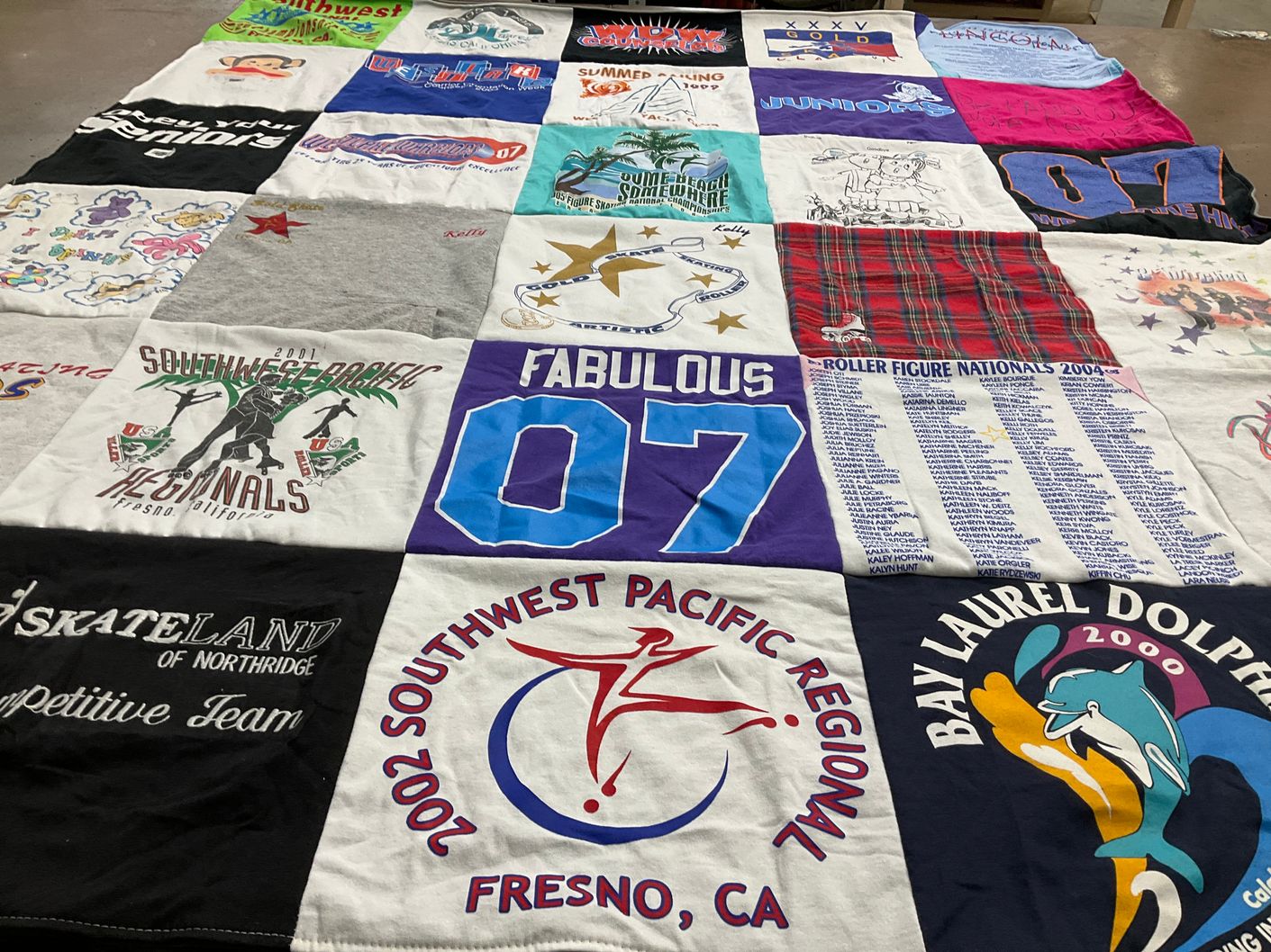 T-shirt quilt with roller skating, competitive sports themes by Kelly from CA