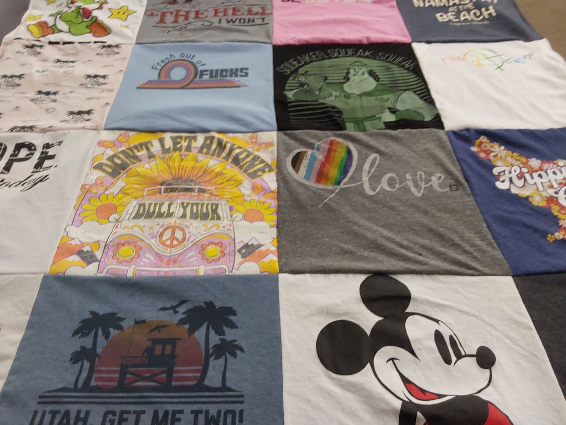 T-shirt quilt with peace, love themes by Michelle from NV
