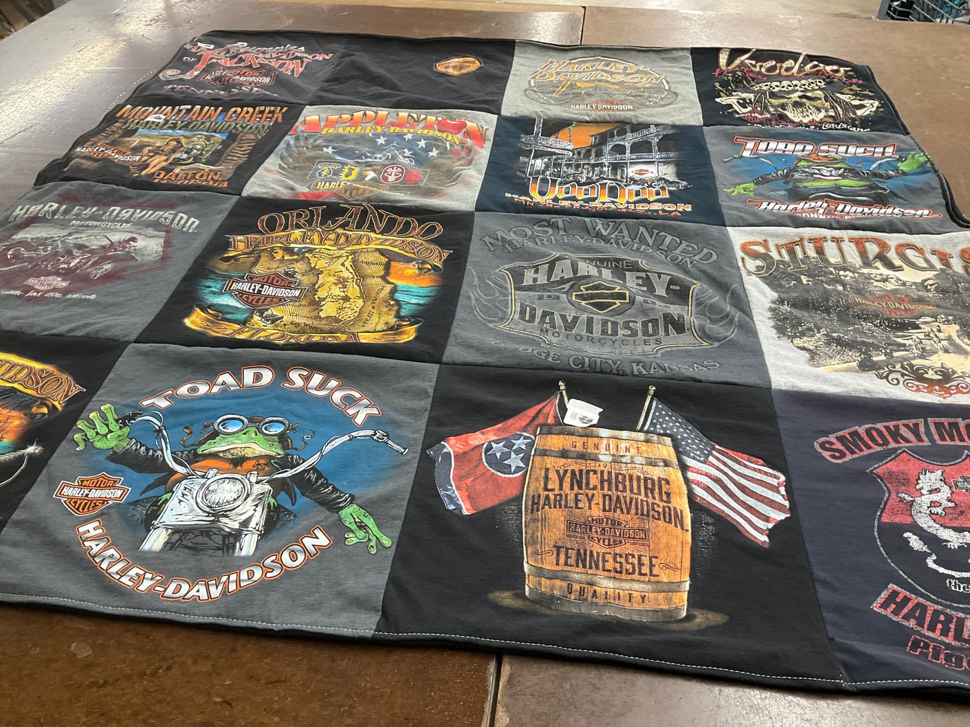 T-shirt quilt with motorcycles, biking themes by Erica from TN