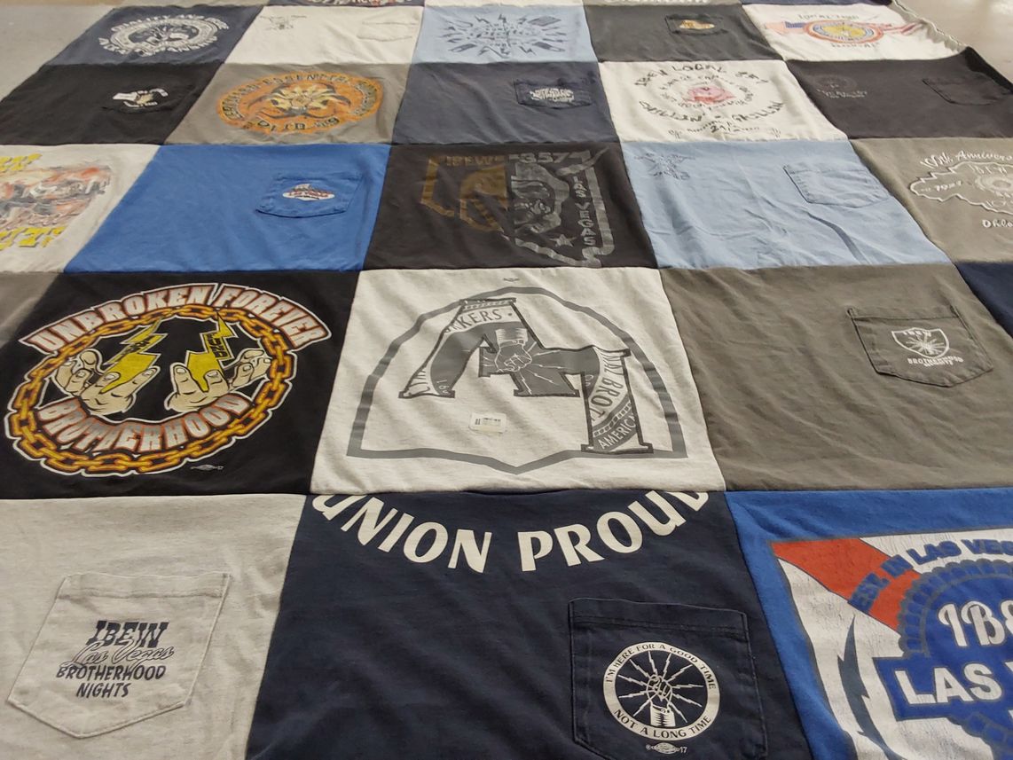 T-shirt quilt with labor unions, community themes by Victoria from NV