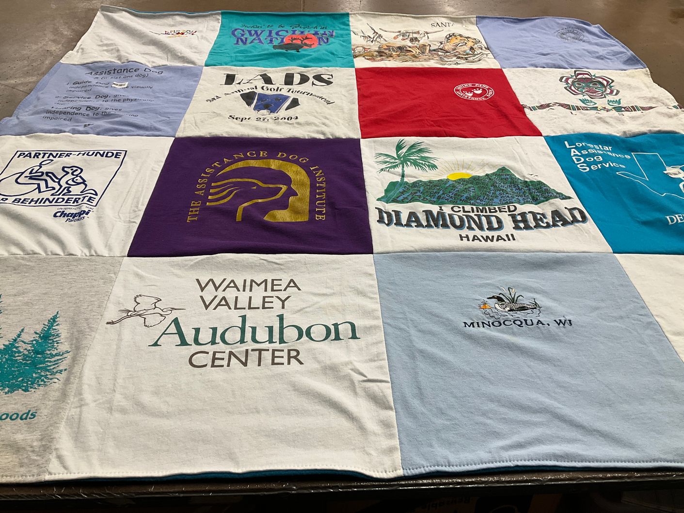 T-shirt quilt with animal assistance, outdoor activities themes by Jeannie from TX