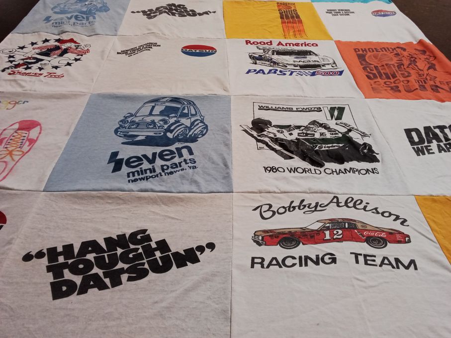 T-shirt quilt with auto racing, collecting themes by Megan from AZ