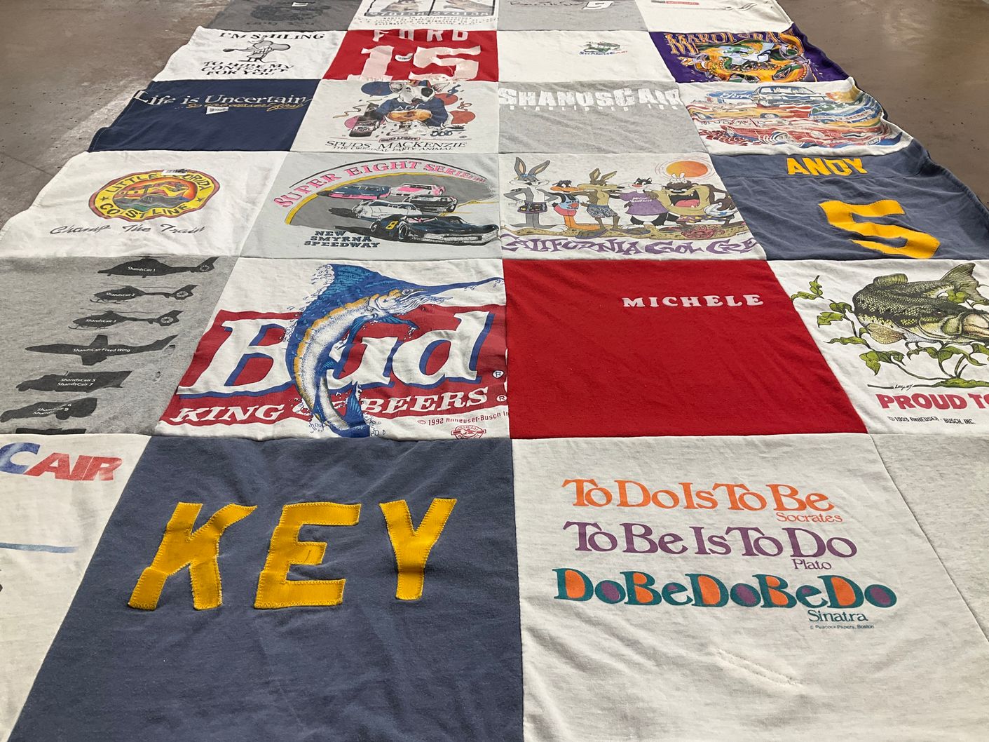 T-shirt quilt with beer, philosophy themes by Michele from FL