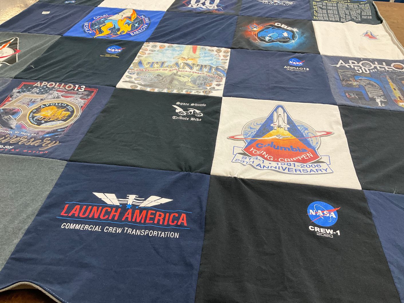 T-shirt quilt with space, aerospace themes by Rebecca from TX
