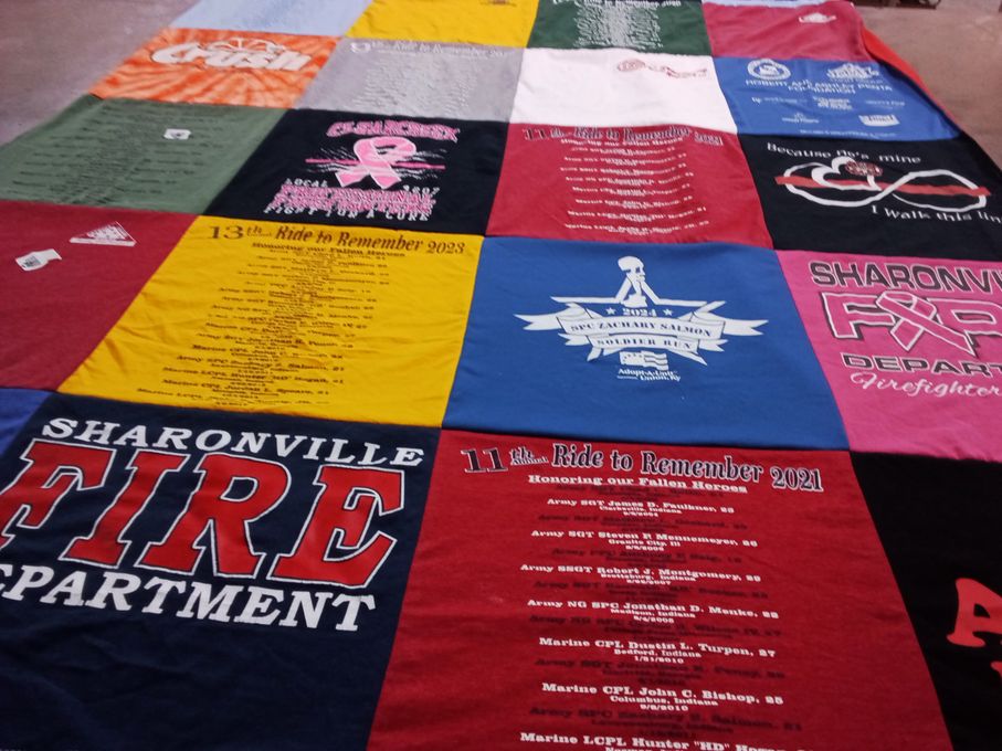 T-shirt quilt with firefighting, community service themes by gregg from OH