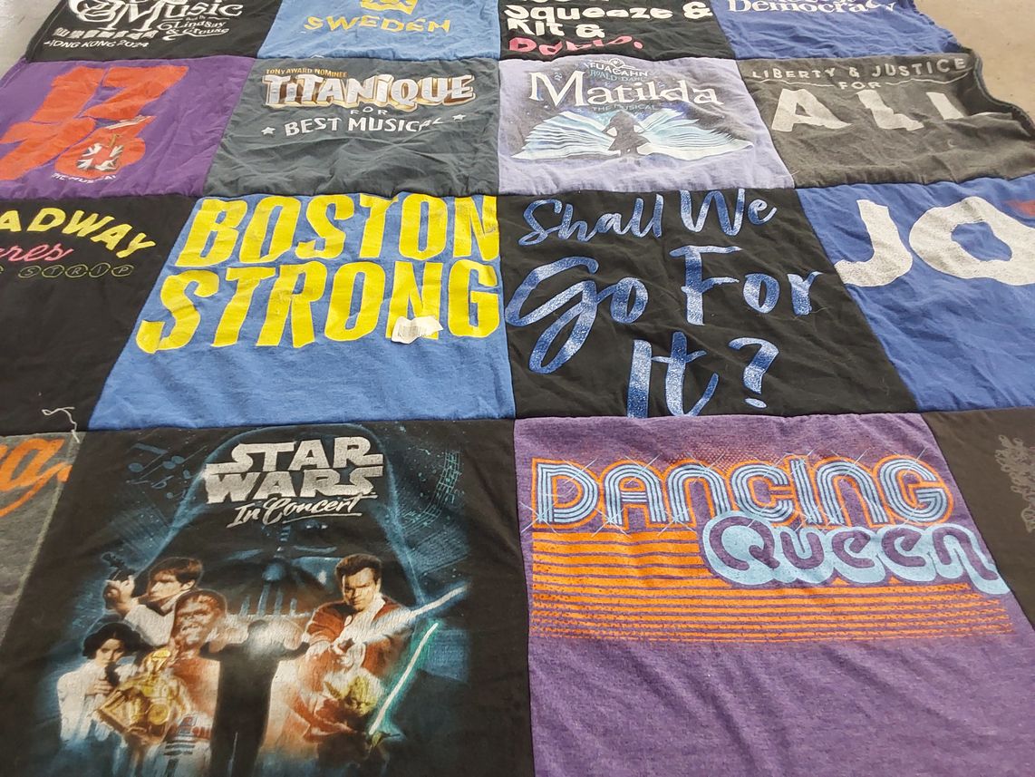 T-shirt quilt with musicals, theater themes by Sara from NJ
