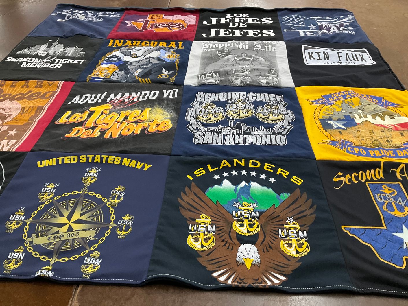 T-shirt quilt with music, military themes by Jesse from TX