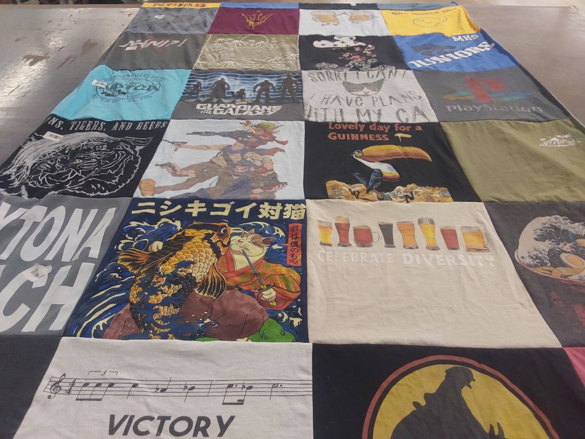 T-shirt quilt with gaming, brewing themes by Bethany from IN