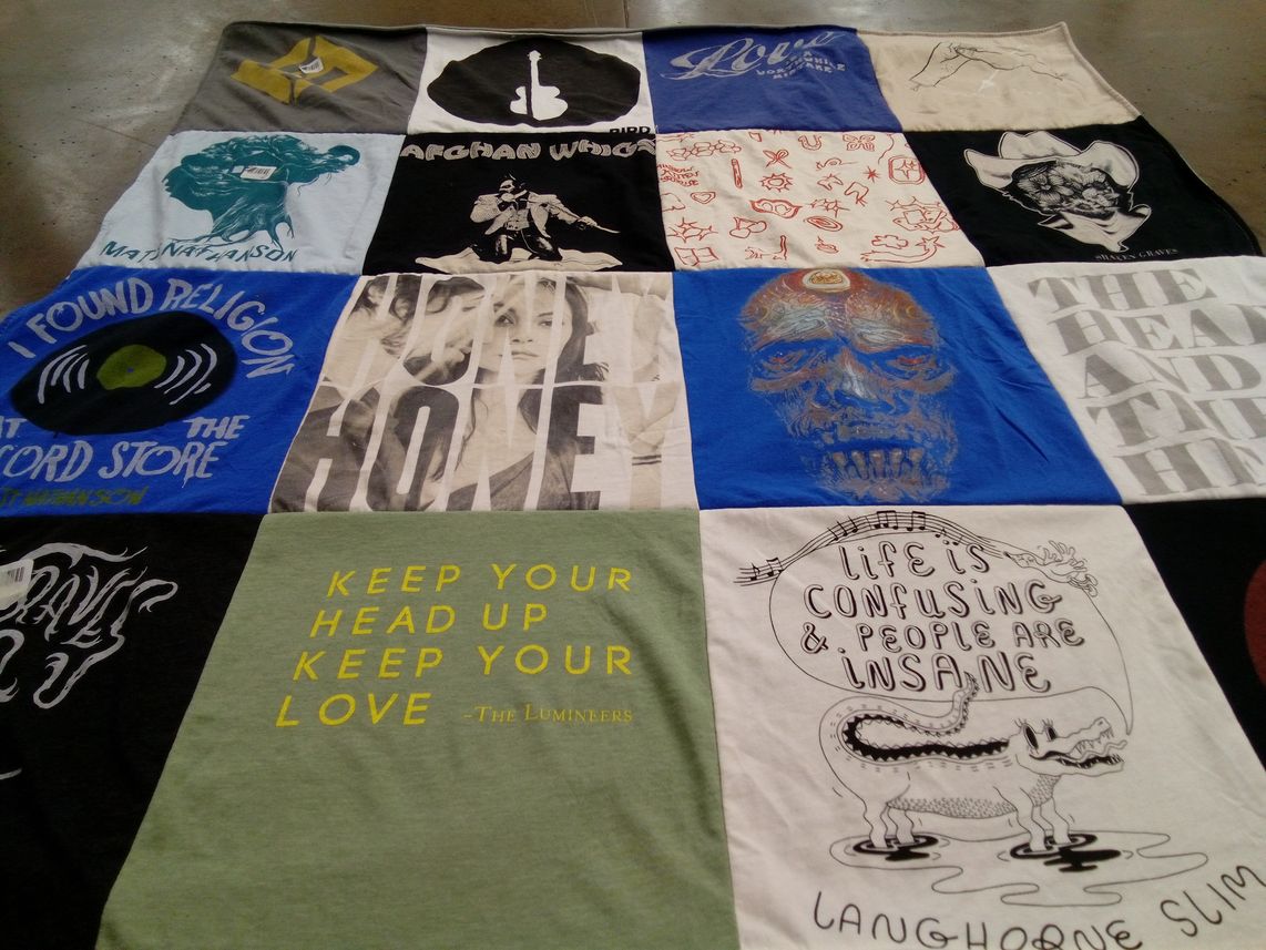 T-shirt quilt with music, bands themes by Katherine from WI