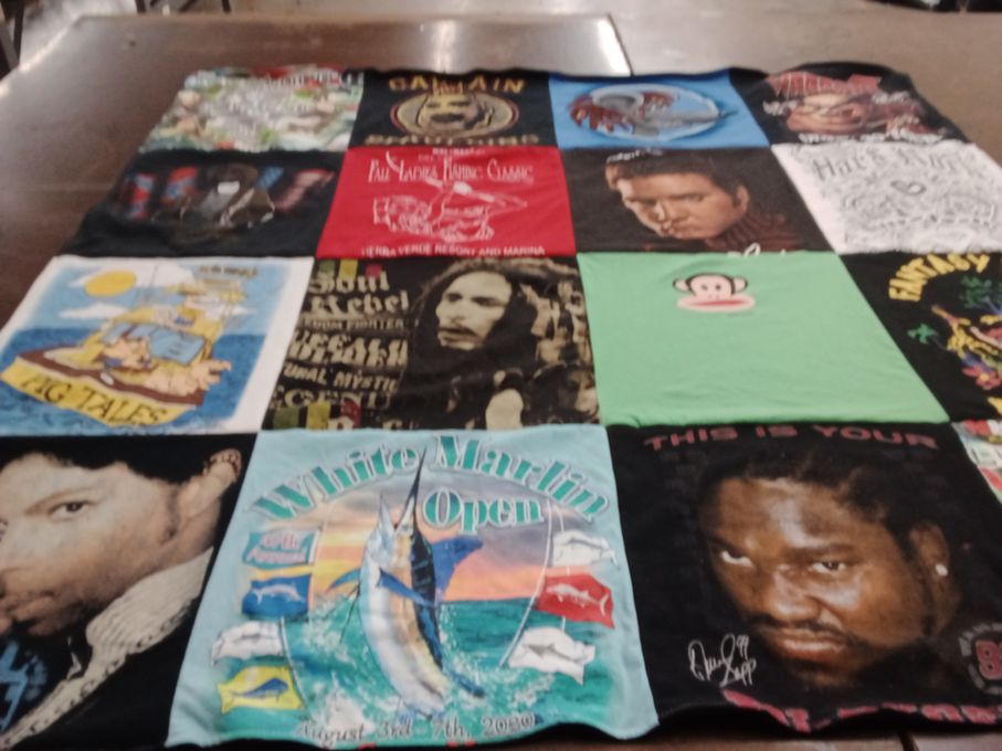 T-shirt quilt with music, fishing themes by Wendy from MD