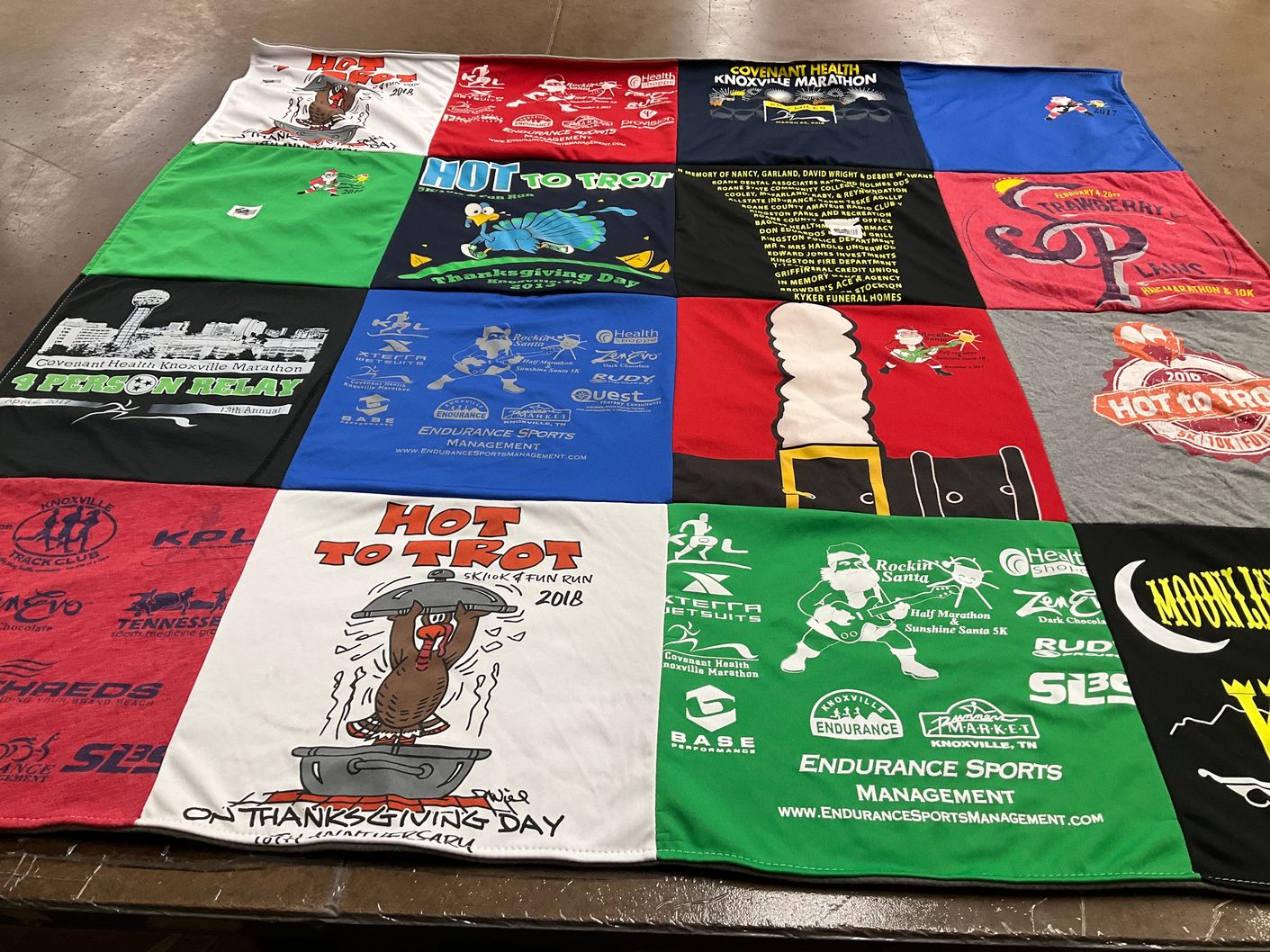 T-shirt quilt with running, marathons themes by Hunter from TN