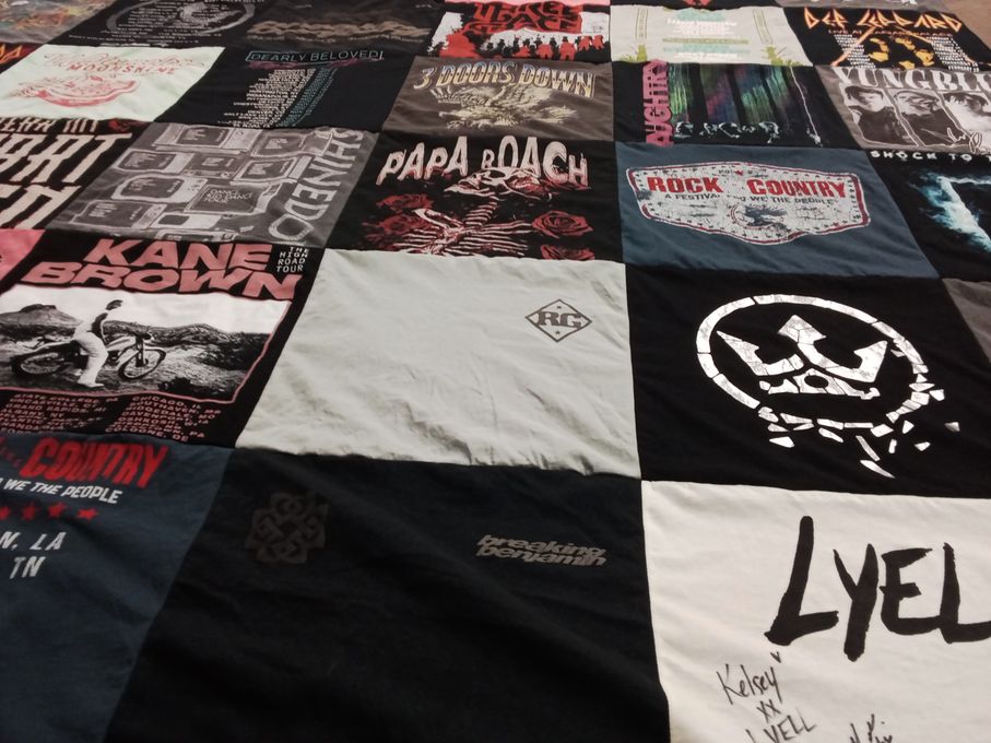 T-shirt quilt with music, concerts themes by Kelsey from LA