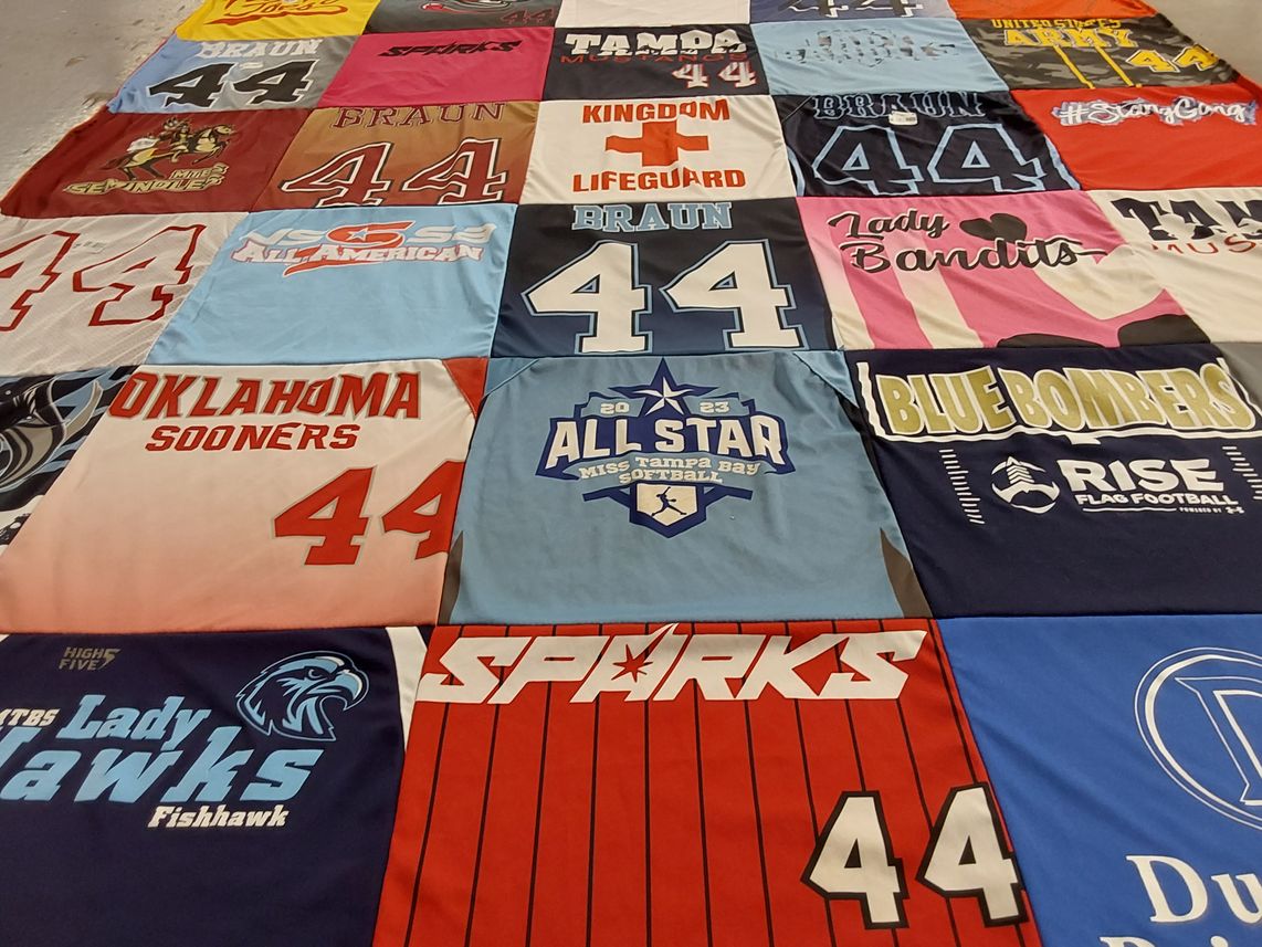 T-shirt quilt featuring oklahoma sooners, blue bombers by Samantha from FL