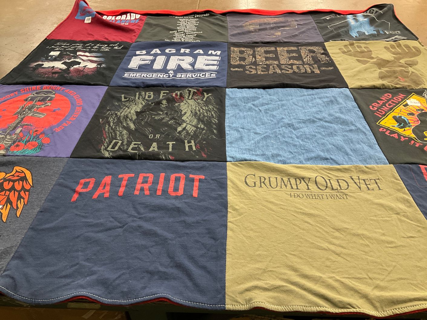 T-shirt quilt with veterans, patriotism themes by Christina from CO