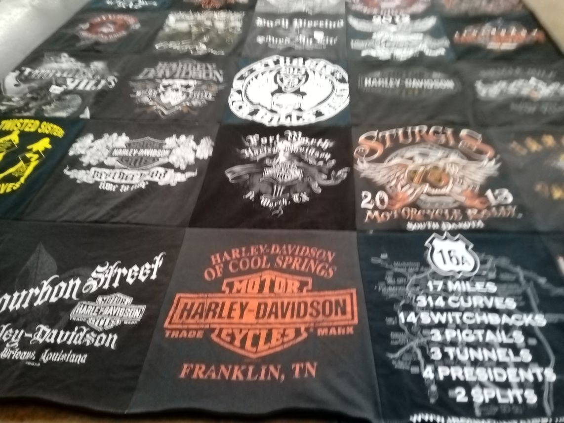 T-shirt quilt with motorcycles, biking themes by Robert from FL
