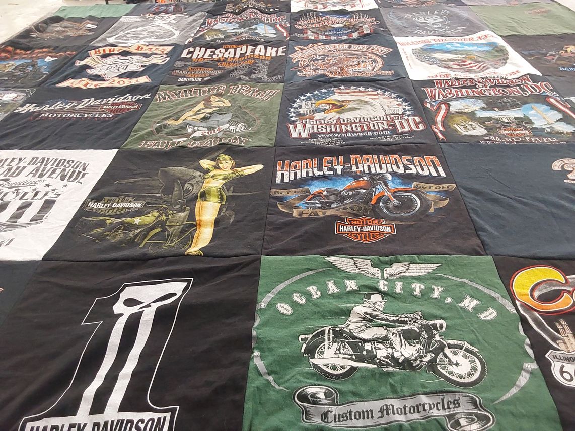 T-shirt quilt with motorcycles, rallies themes by Ann from VA