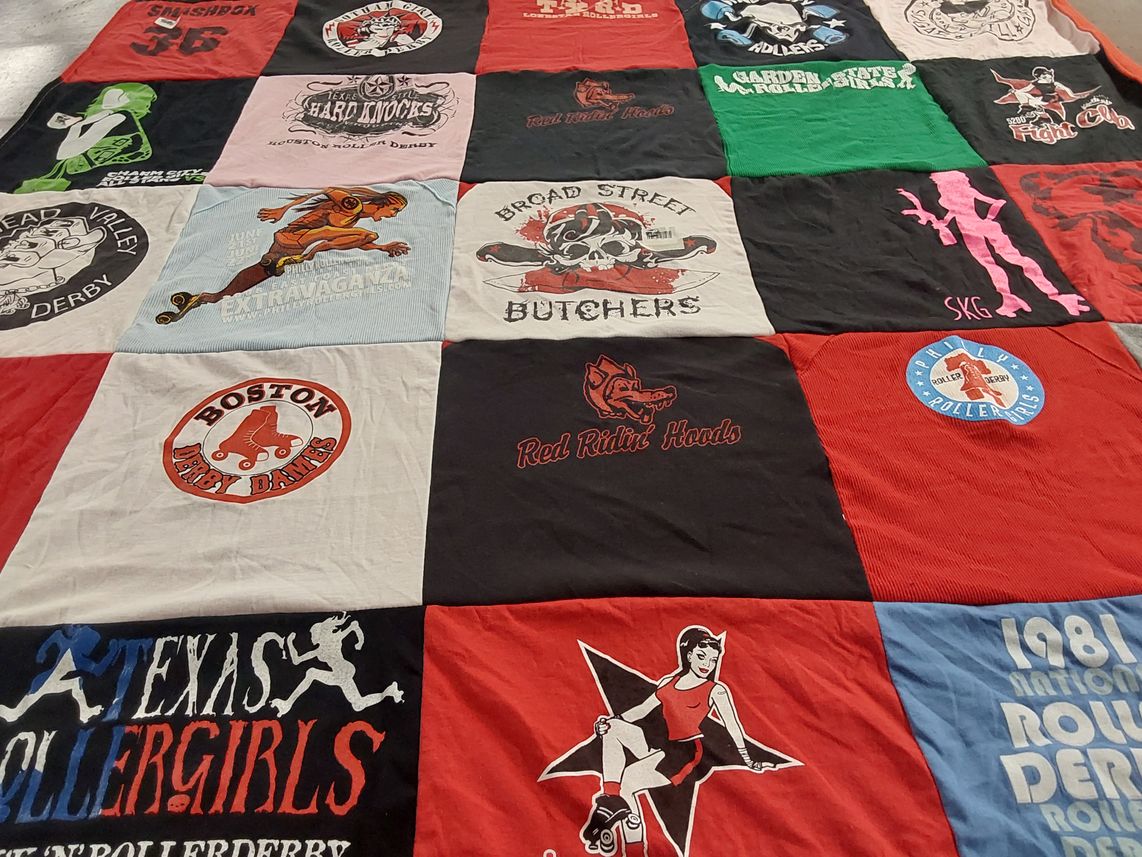 T-shirt quilt with roller derby, sports themes by Lara from KY