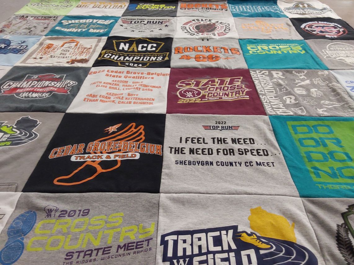 T-shirt quilt featuring cedar grove-belgium track and field by Sarah from WI