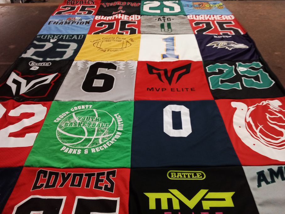 T-shirt quilt with sports, basketball themes by Miranda from OR