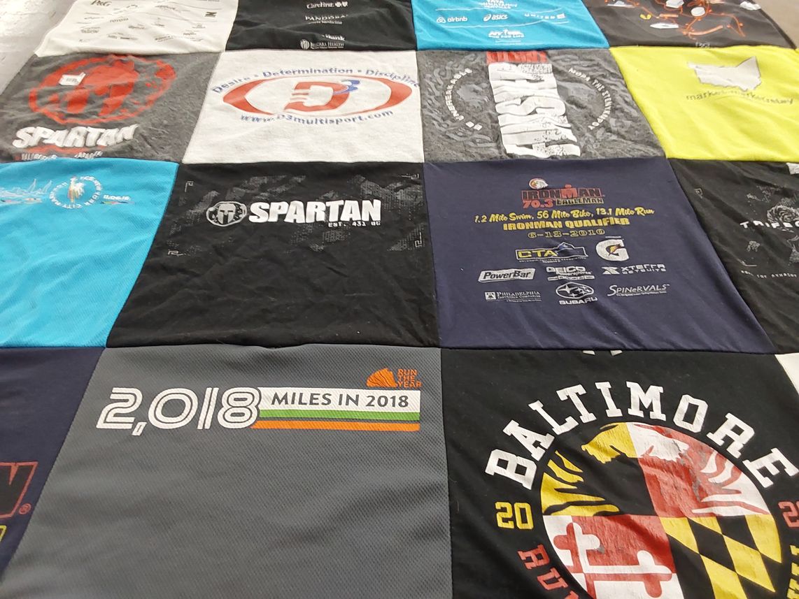 T-shirt quilt with running, triathlon themes by Marilyn from OH