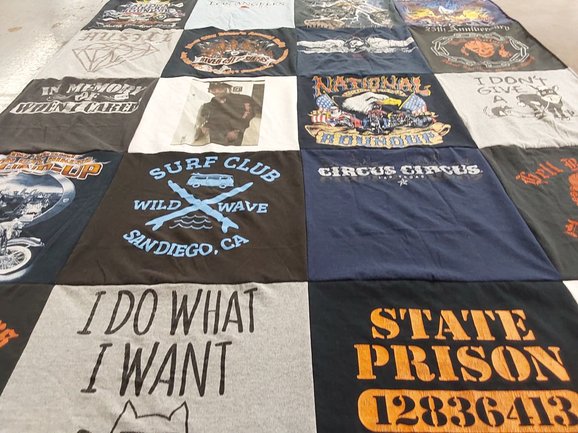 T-shirt quilt with motorcycles, surfing themes by Yolanda from AZ