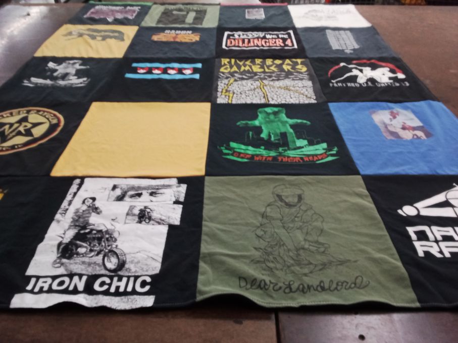 T-shirt quilt with music, punk themes by Sara from IL