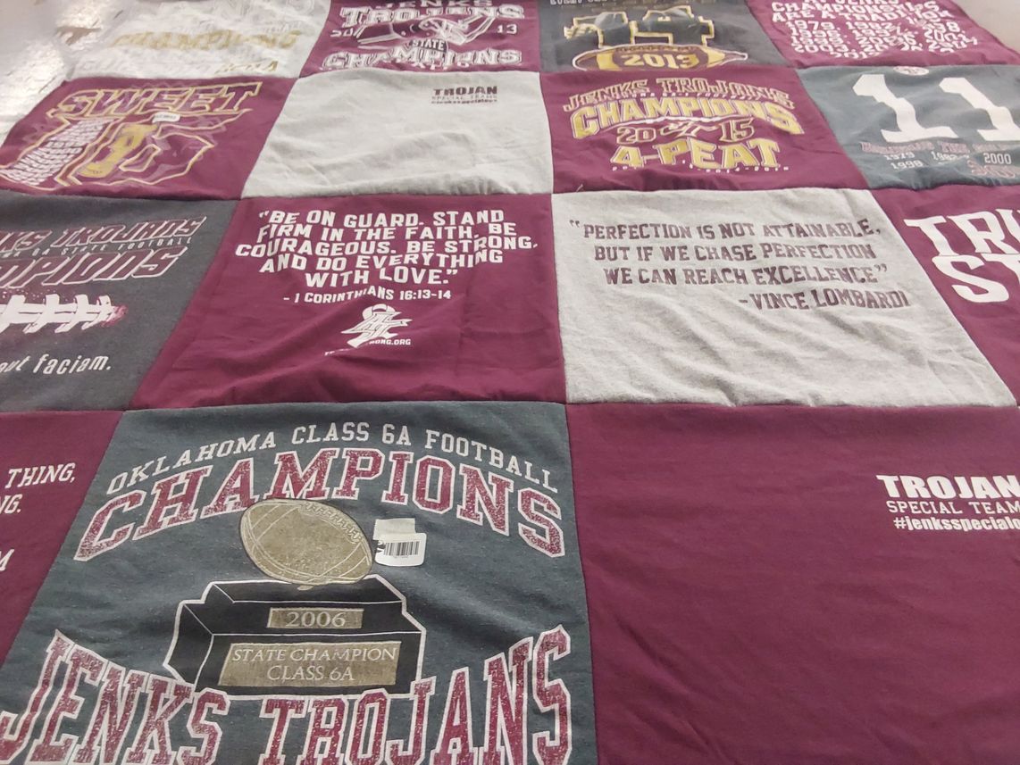 T-shirt quilt featuring jenks trojans football by Carl from SC