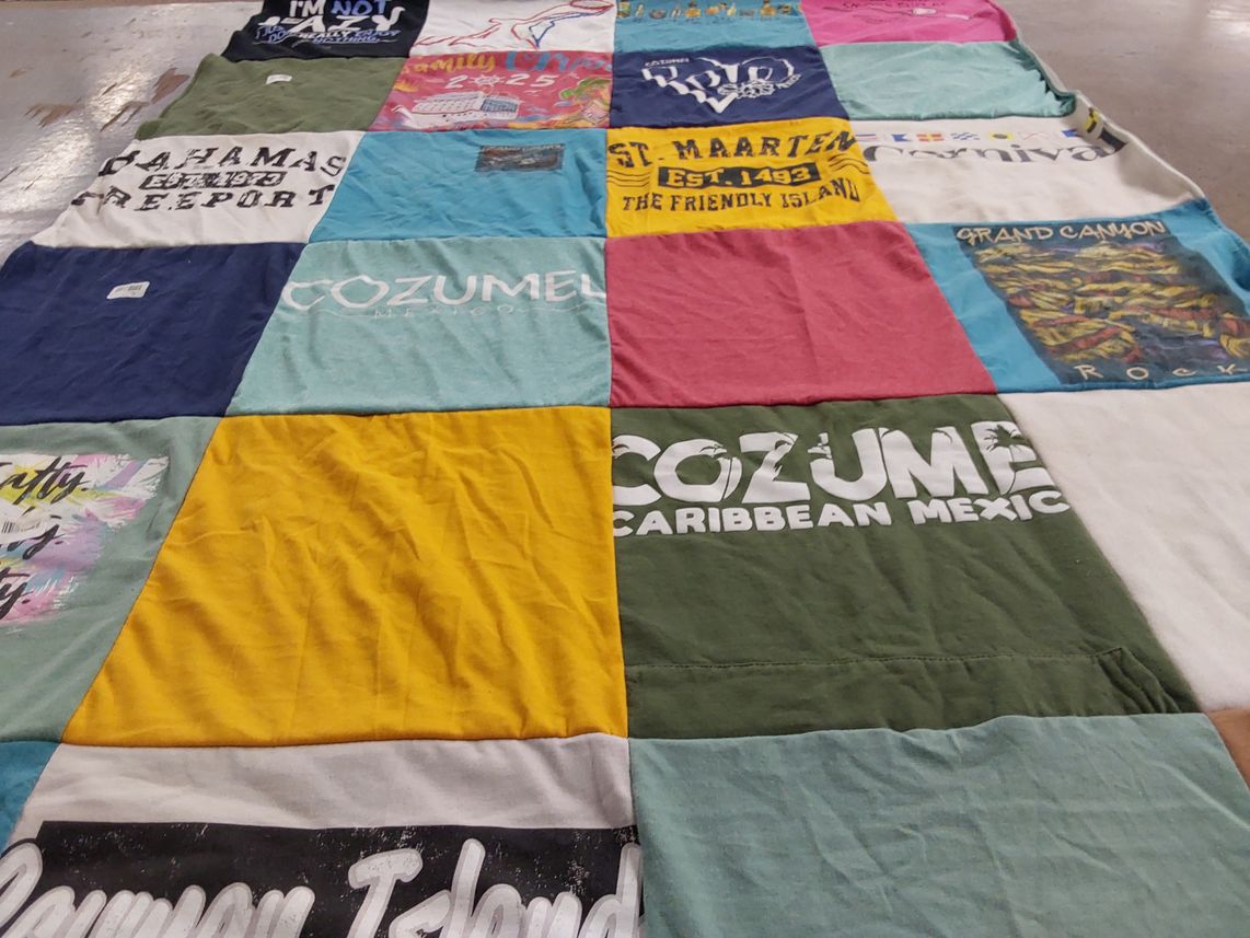 T-shirt quilt with travel, beaches themes by Amanda from TX