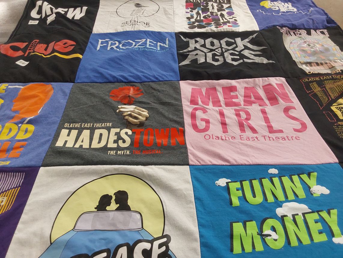 T-shirt quilt with theatre, musicals themes by Cori from KS