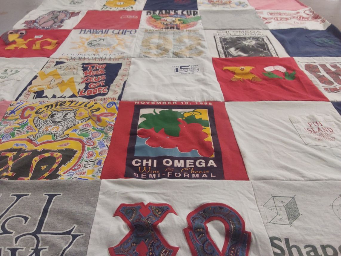 T-shirt quilt with greek life, sororities themes by Mary from DC