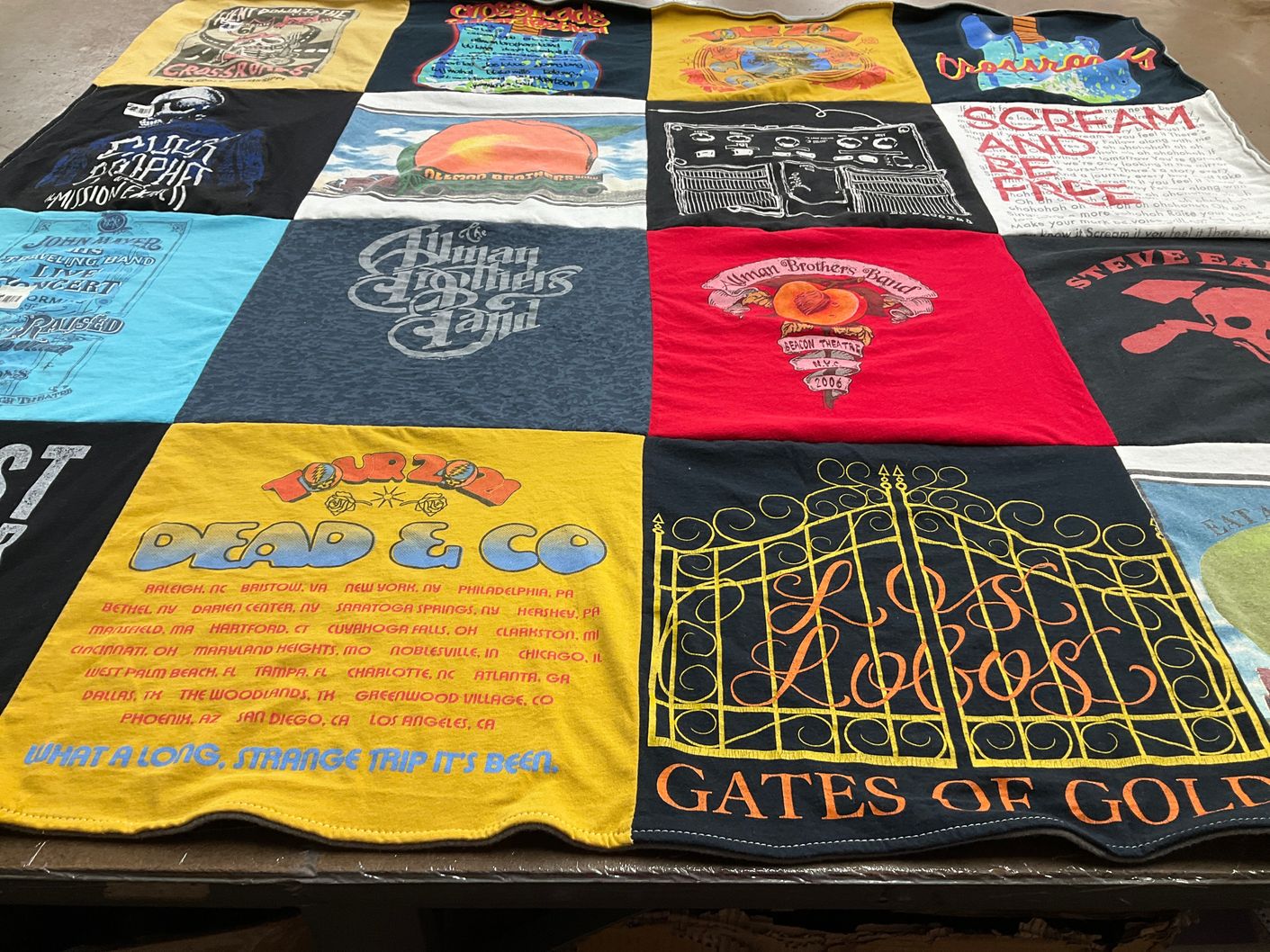 T-shirt quilt with music, concerts themes by Joanne from NY