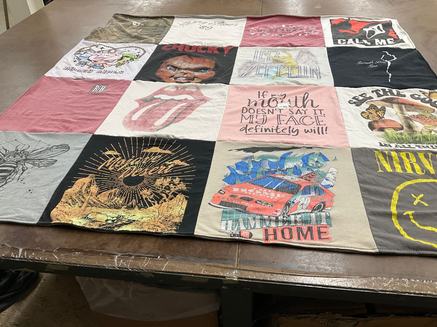 T-shirt quilt with music, pop culture themes by Tasha from TX