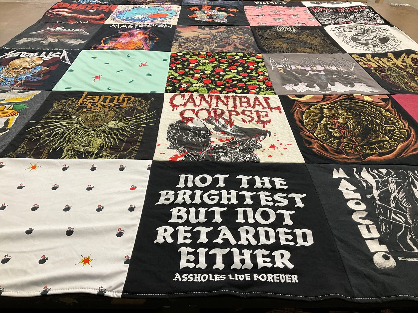 T-shirt quilt with heavy metal music, music festivals themes by Angie from CA