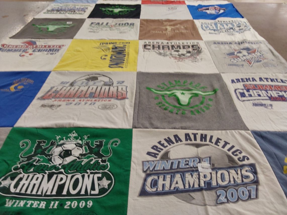 T-shirt quilt with soccer, sports themes by Kelly from TX