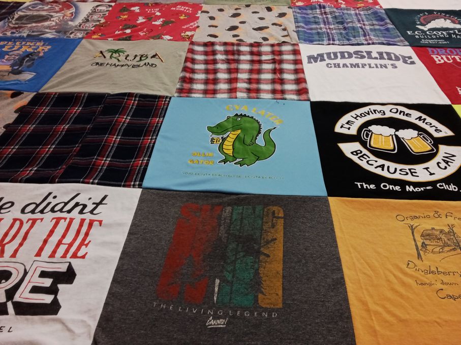 T-shirt quilt with beaches, drinking beer themes by Susan from MA