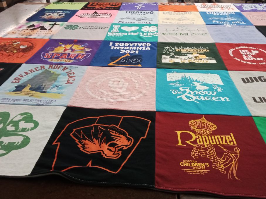 T-shirt quilt with theater, performing arts themes by Laurie from CO