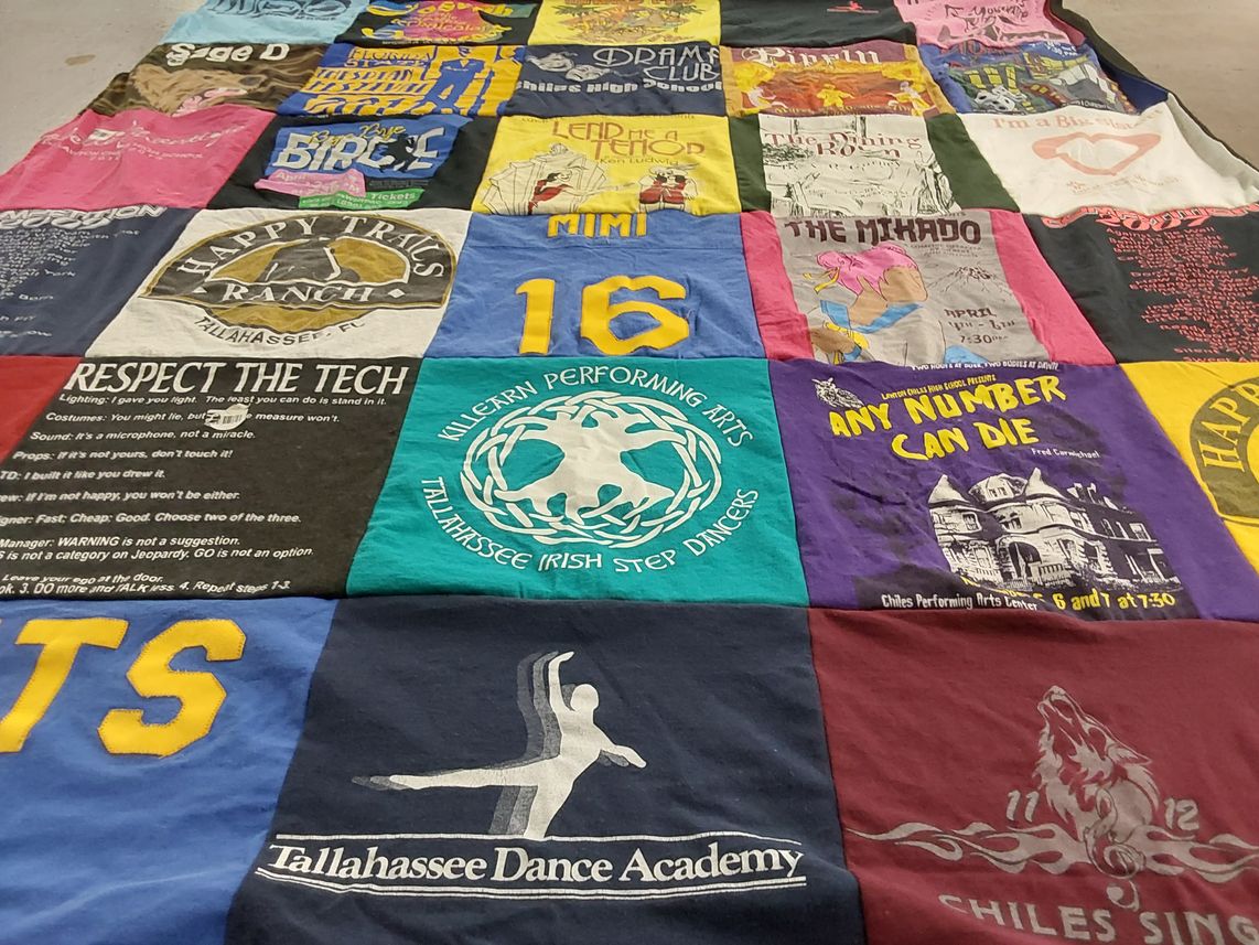 T-shirt quilt with theater, dance themes by Miranda from NY