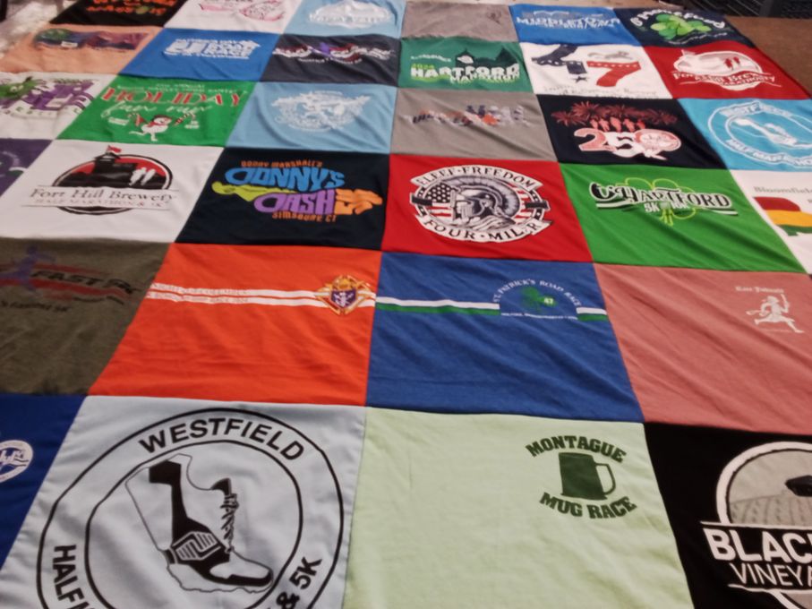 T-shirt quilt with running, brewing themes by Victoria from MA