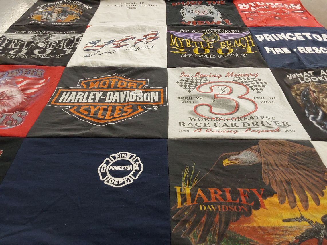 T-shirt quilt with motorcycles, racing themes by Joy from IA
